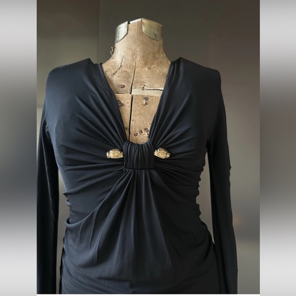 Vintage iconic Roberto Cavalli black ruched stretch dress w/gold panther heads S - Picture 7 of 14